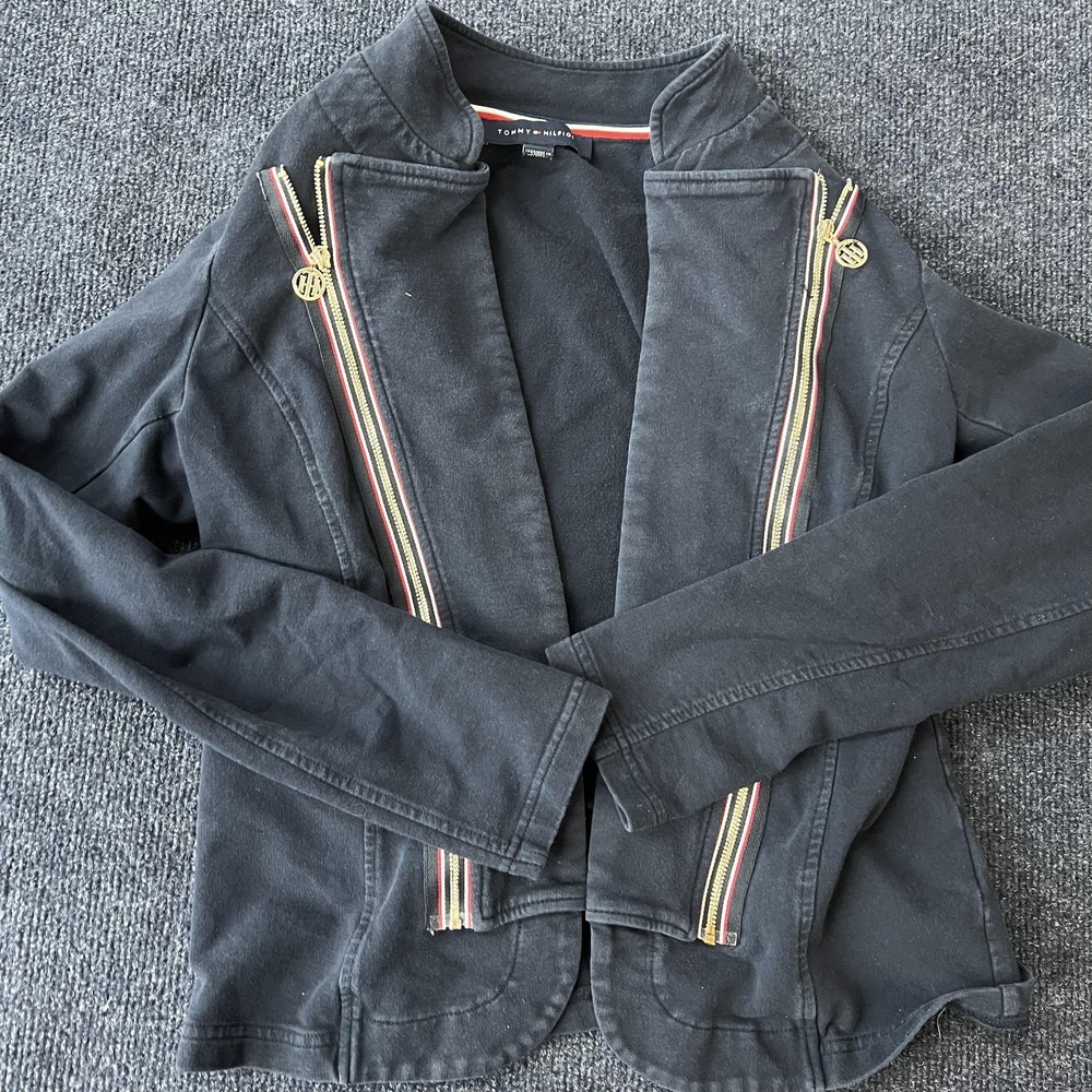 Tommy Hilfiger Jacket Womens XS Black French Terry Zip Moto Logo Trim Detail